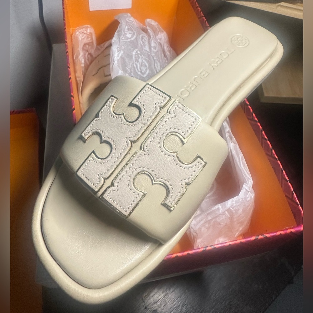 Tory Burch Double T Slides Sandals 7.5 Dulce de Leche Gold NIB
